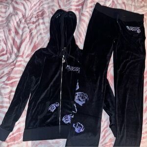 New Large Black BCBG 2-Piece Tracksuit Jacket + Track Pants Floral Set MSRP $160